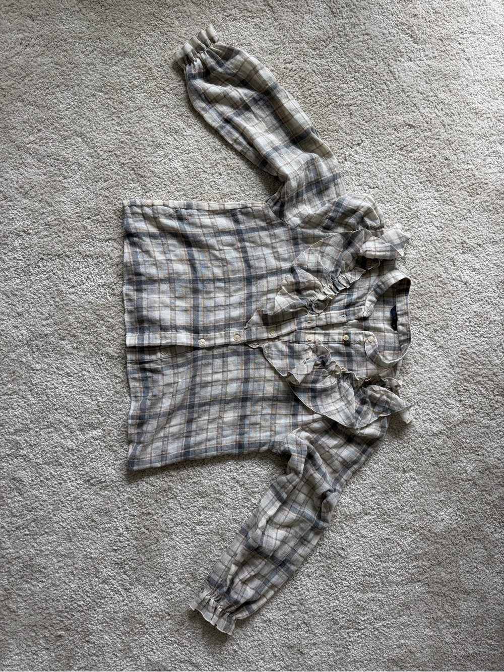 Zara Beige and Blue Plaid Ruffle Button-Up Top